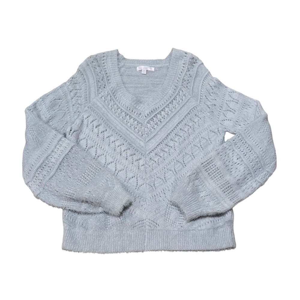 Lauren Conrad Womens Light Blue‎ Pointelle Eyelet Fuzzy V-Neck Sweater Size M